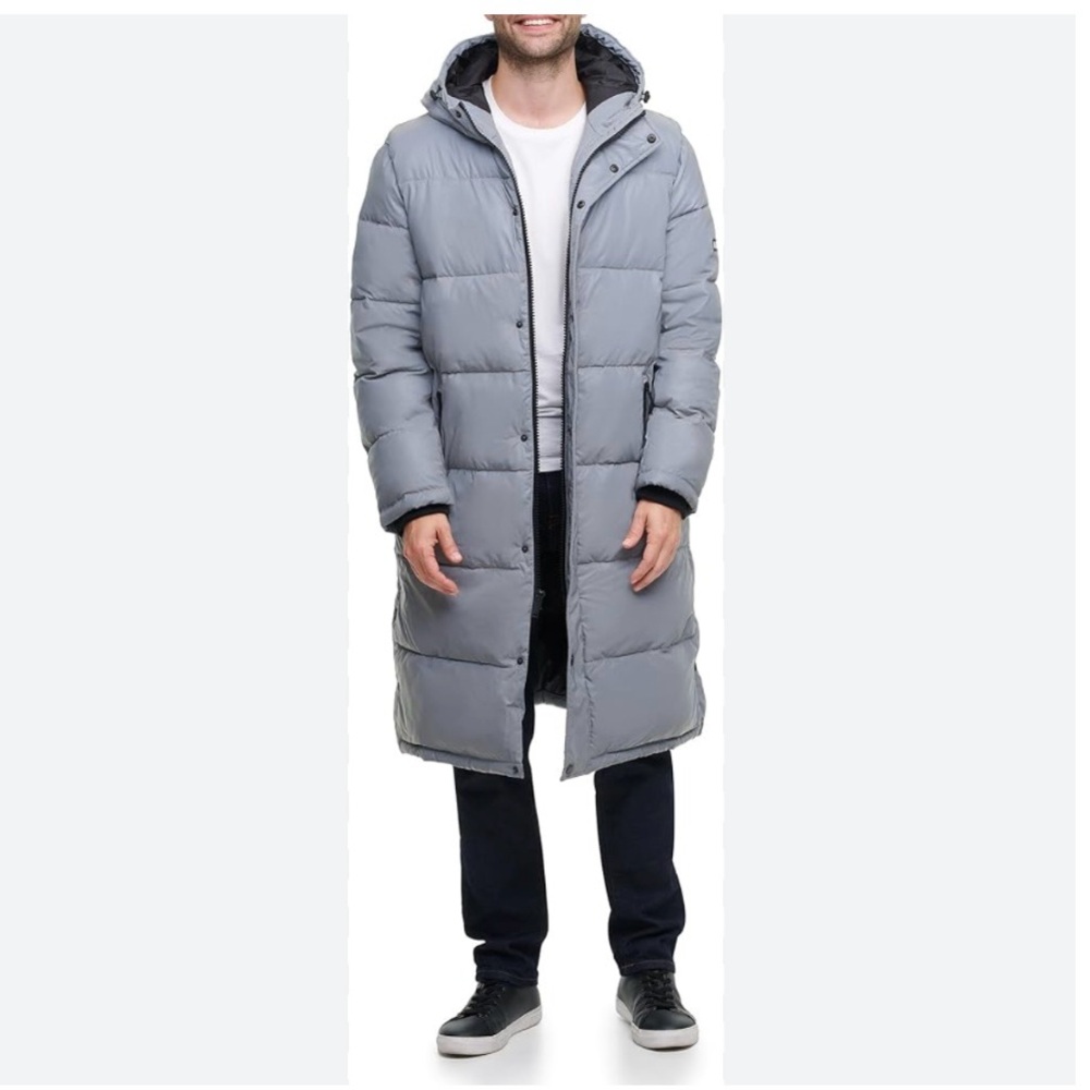 DKNY Men’s Reflective Water Resistant Hooded Long Puffer Coat